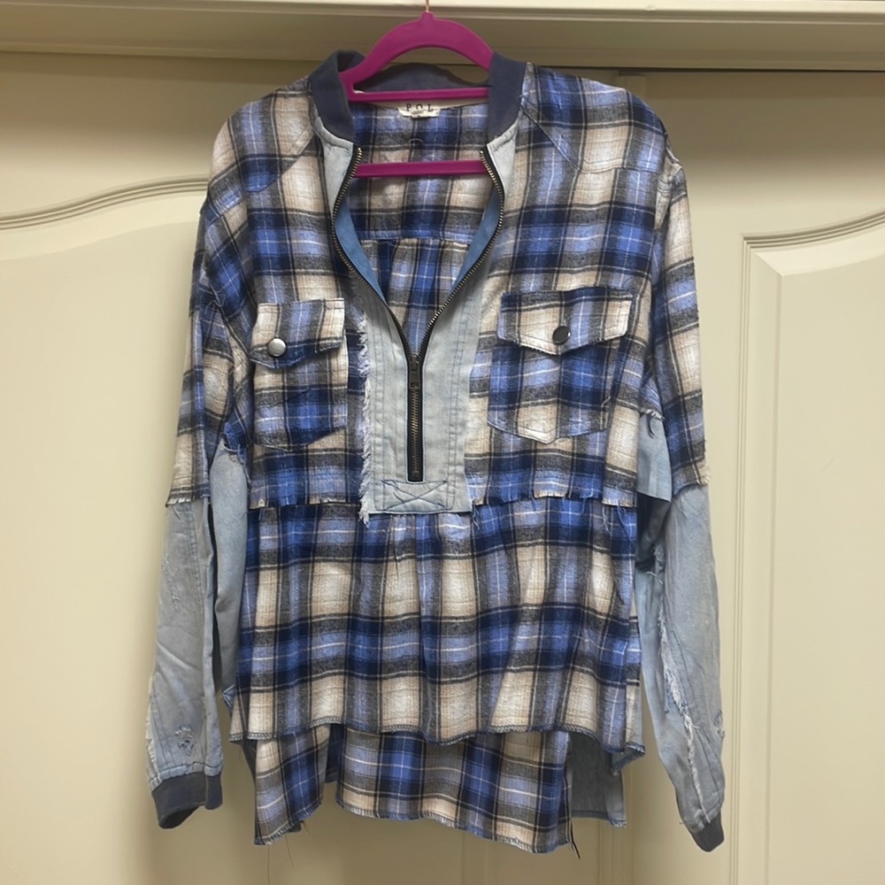 New POL brand denim multi media flannel pullover on blue plaid, S, M, L